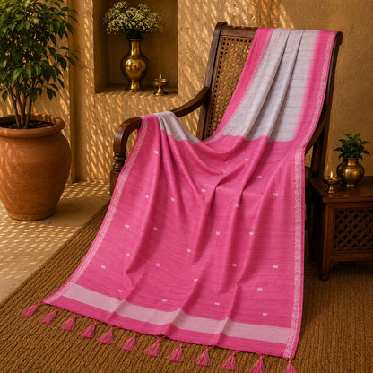 Pink Semi Tussar Jamdani Saree with Off-White Pallu and Delicate Buti Weaving