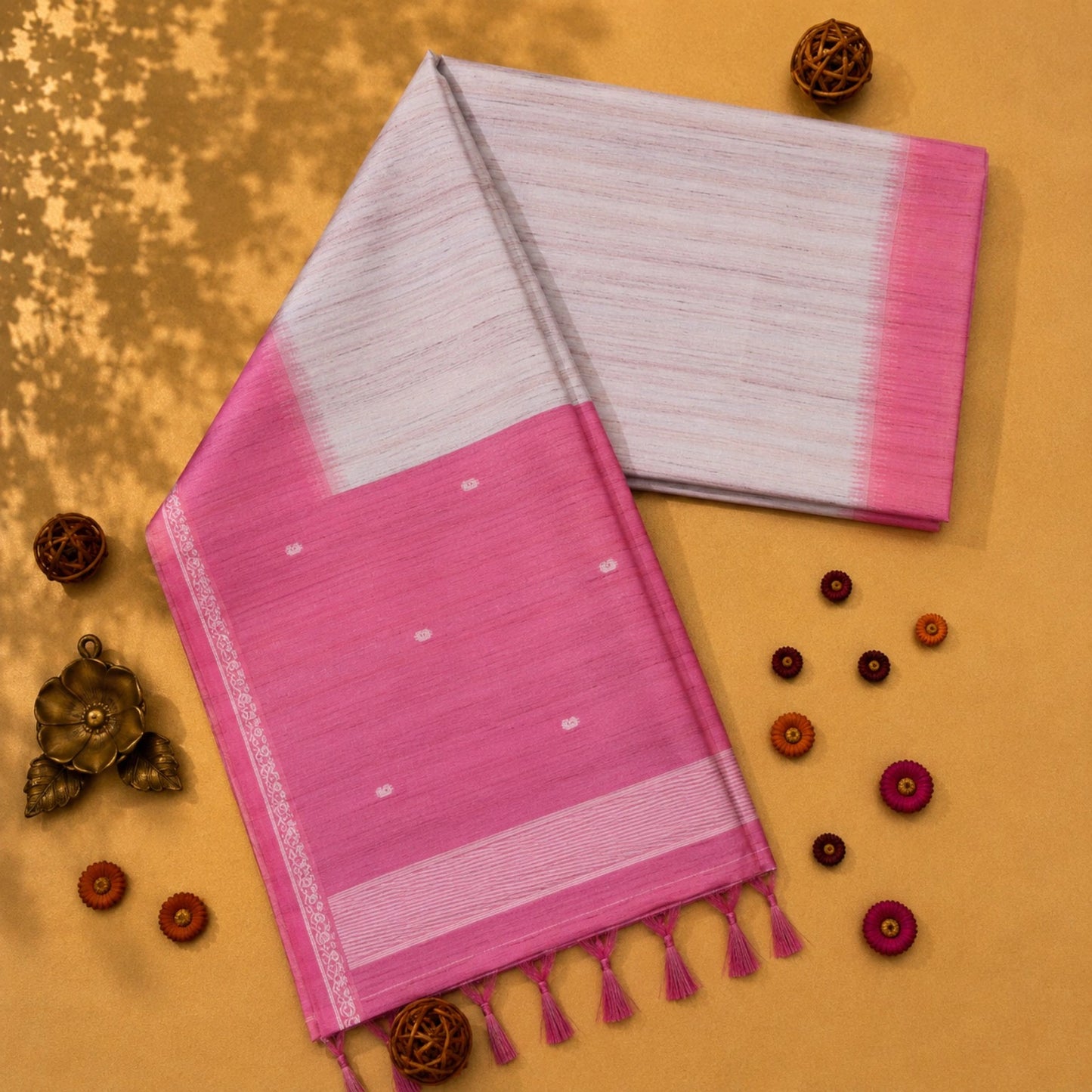 Pink Semi Tussar Jamdani Saree with Off-White Pallu and Delicate Buti Weaving