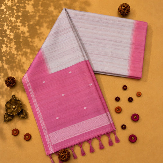 Pink Semi Tussar Jamdani Saree with Off-White Pallu and Delicate Buti Weaving