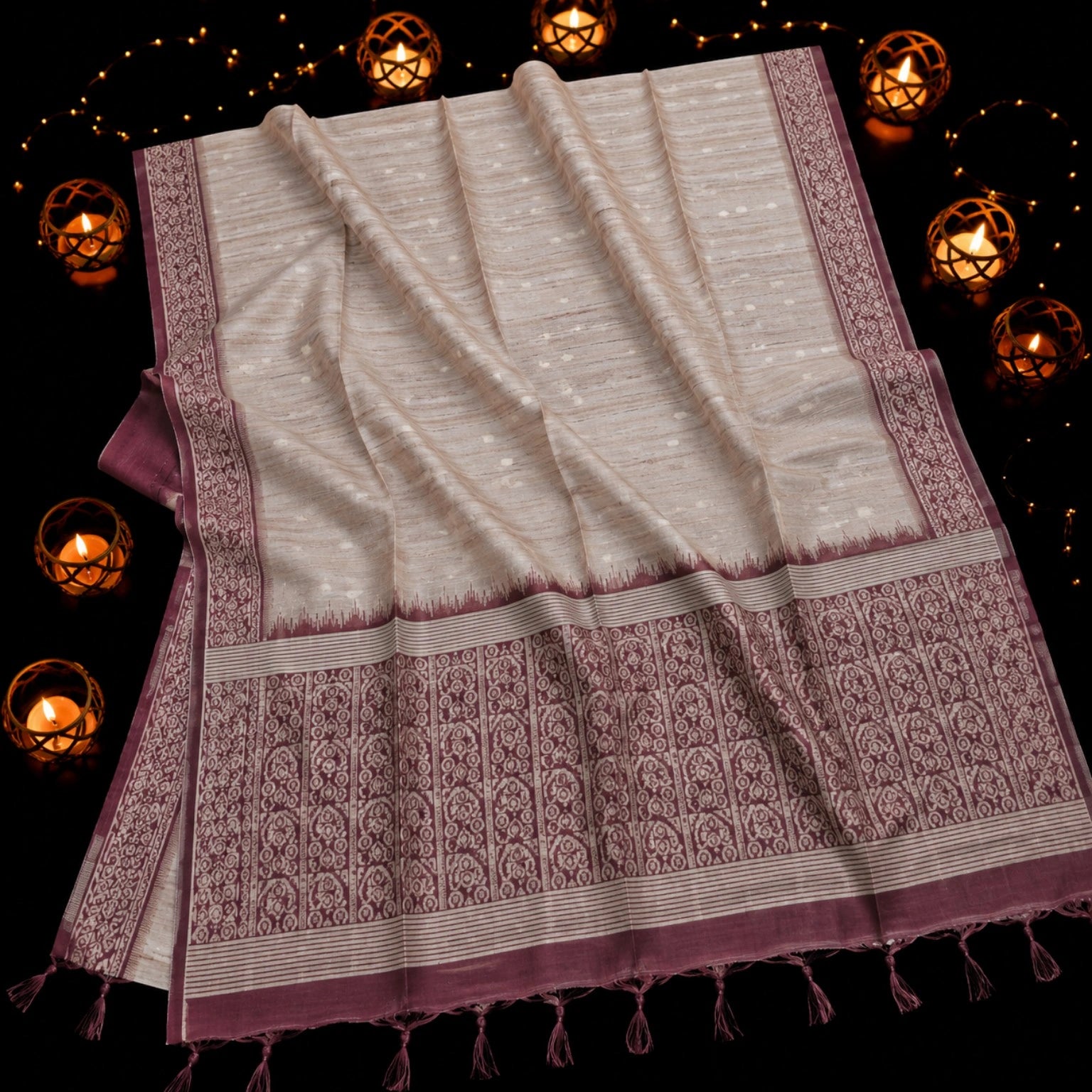 Beige Semi Tussar Jamdani Saree with Mauve Woven Floral Border and Traditional Pallu