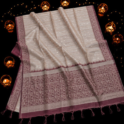 Beige Semi Tussar Jamdani Saree with Mauve Woven Floral Border and Traditional Pallu