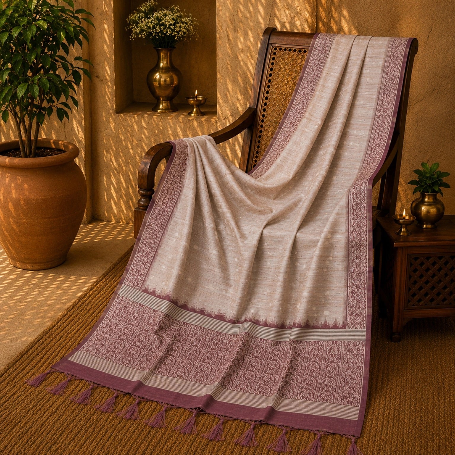 Beige Semi Tussar Jamdani Saree with Mauve Woven Floral Border and Traditional Pallu