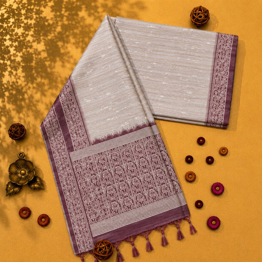 Beige Semi Tussar Jamdani Saree with Mauve Woven Floral Border and Traditional Pallu