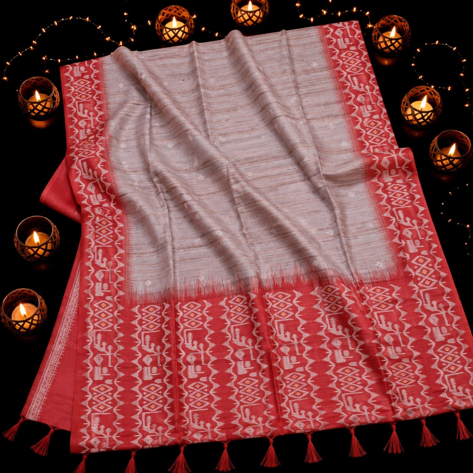 Cream White Semi Tussar Jamdani Saree with Coral Red Woven Border & Traditional Motifs
