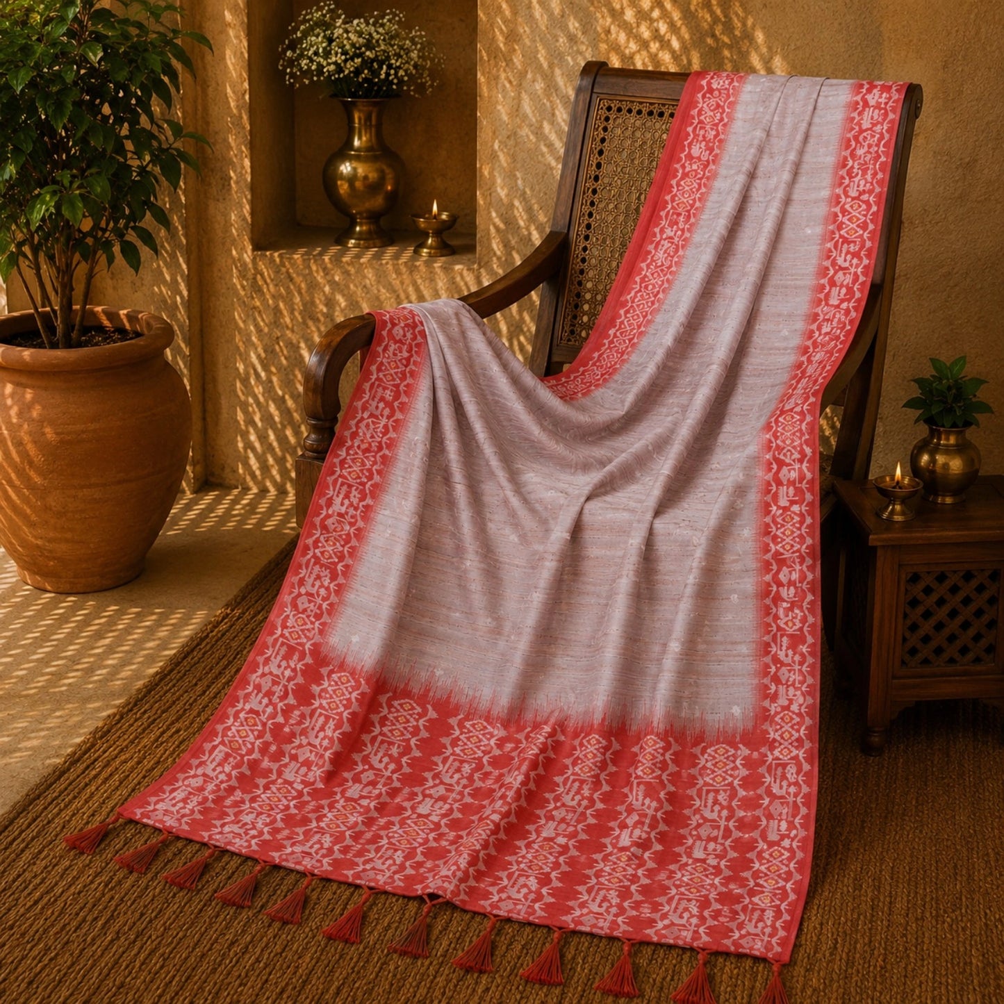 Cream White Semi Tussar Jamdani Saree with Coral Red Woven Border & Traditional Motifs