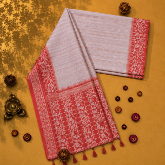 Cream White Semi Tussar Jamdani Saree with Coral Red Woven Border & Traditional Motifs