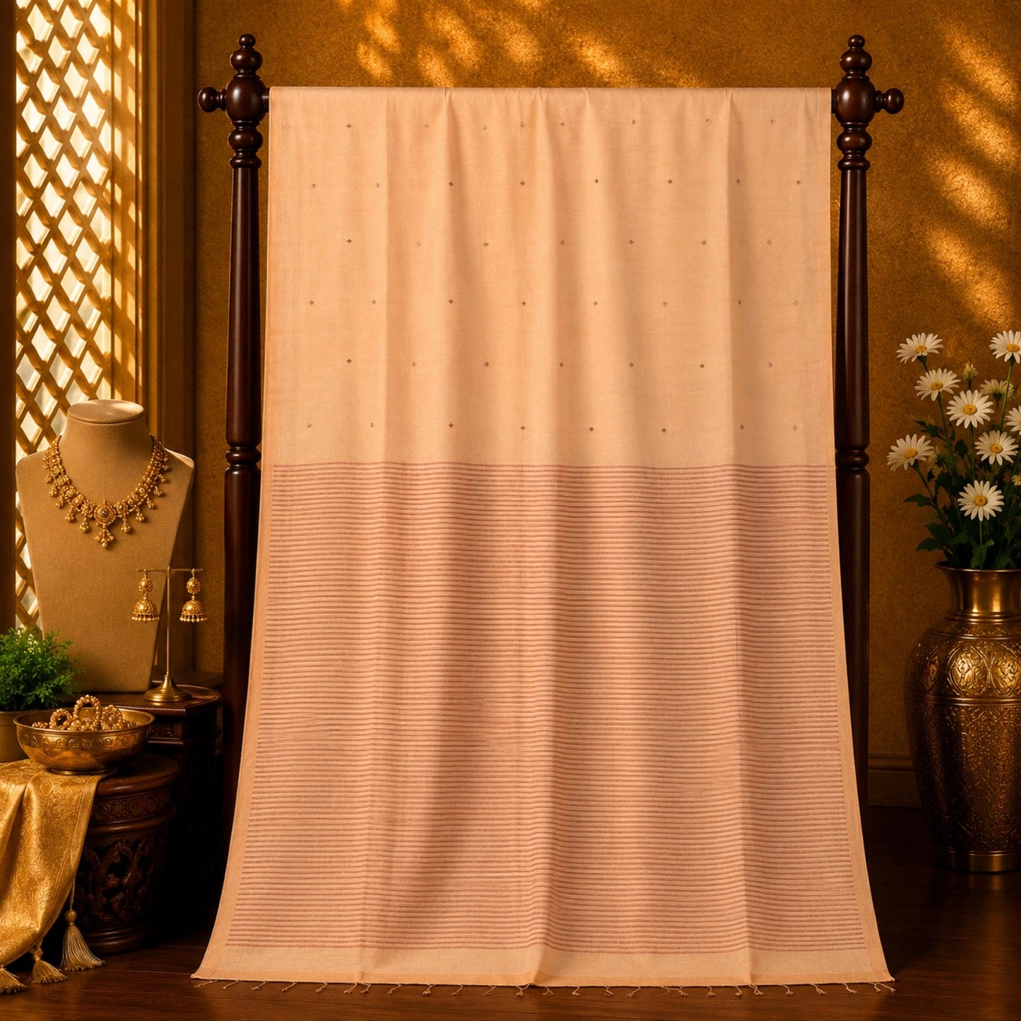 Cream Handloom Pure Cotton Jamdani Saree with Minimal Buti Weaving & Striped Pallu