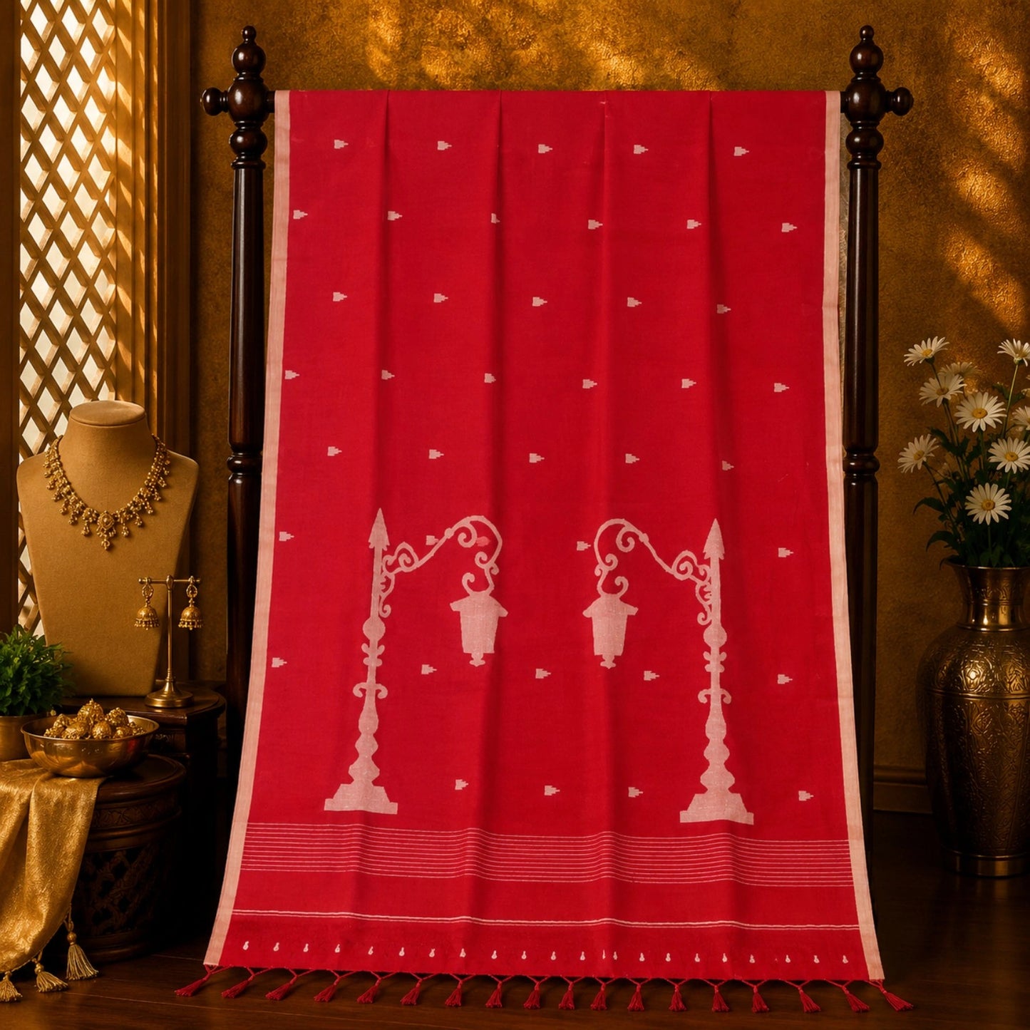 Red Pure Cotton Hand Weaving Jamdani Saree with White Lamp Motif Pallu & Minimal Woven Buti