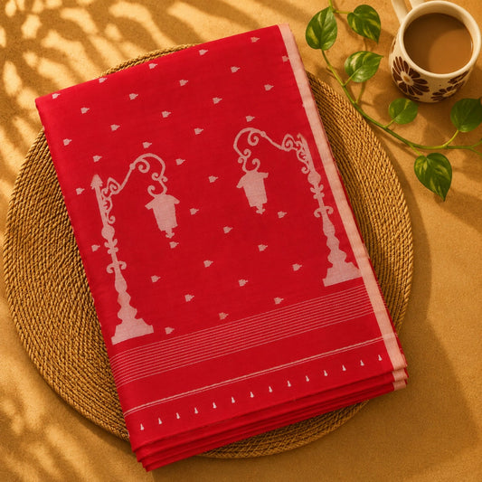 Red Pure Cotton Hand Weaving Jamdani Saree with White Lamp Motif Pallu & Minimal Woven Buti