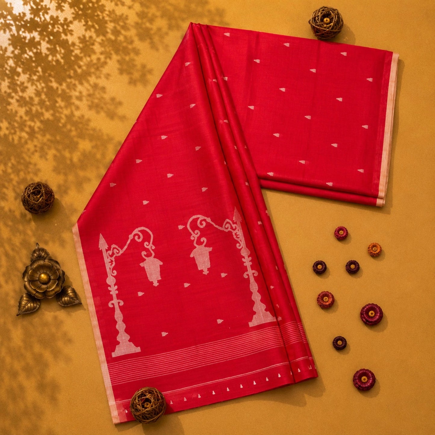 Red Pure Cotton Hand Weaving Jamdani Saree with White Lamp Motif Pallu & Minimal Woven Buti