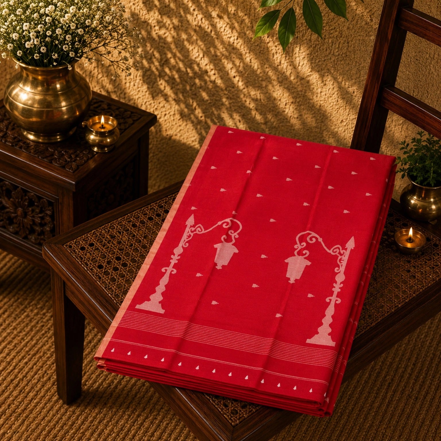 Red Pure Cotton Hand Weaving Jamdani Saree with White Lamp Motif Pallu & Minimal Woven Buti