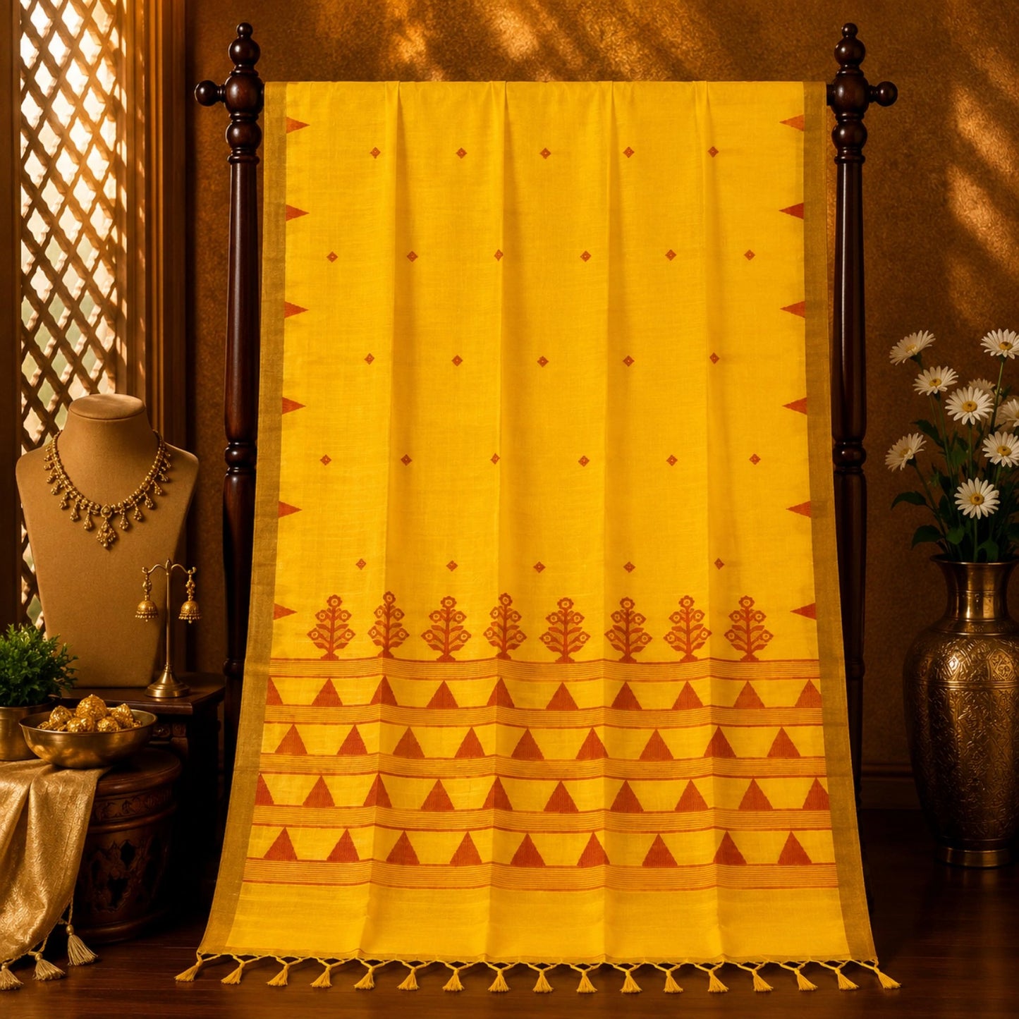 Mustard Yellow Cotton Tangail Handloom Saree with Rust Temple Border & Floral Woven Pallu