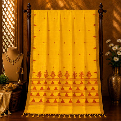 Mustard Yellow Cotton Tangail Handloom Saree with Rust Temple Border & Floral Woven Pallu