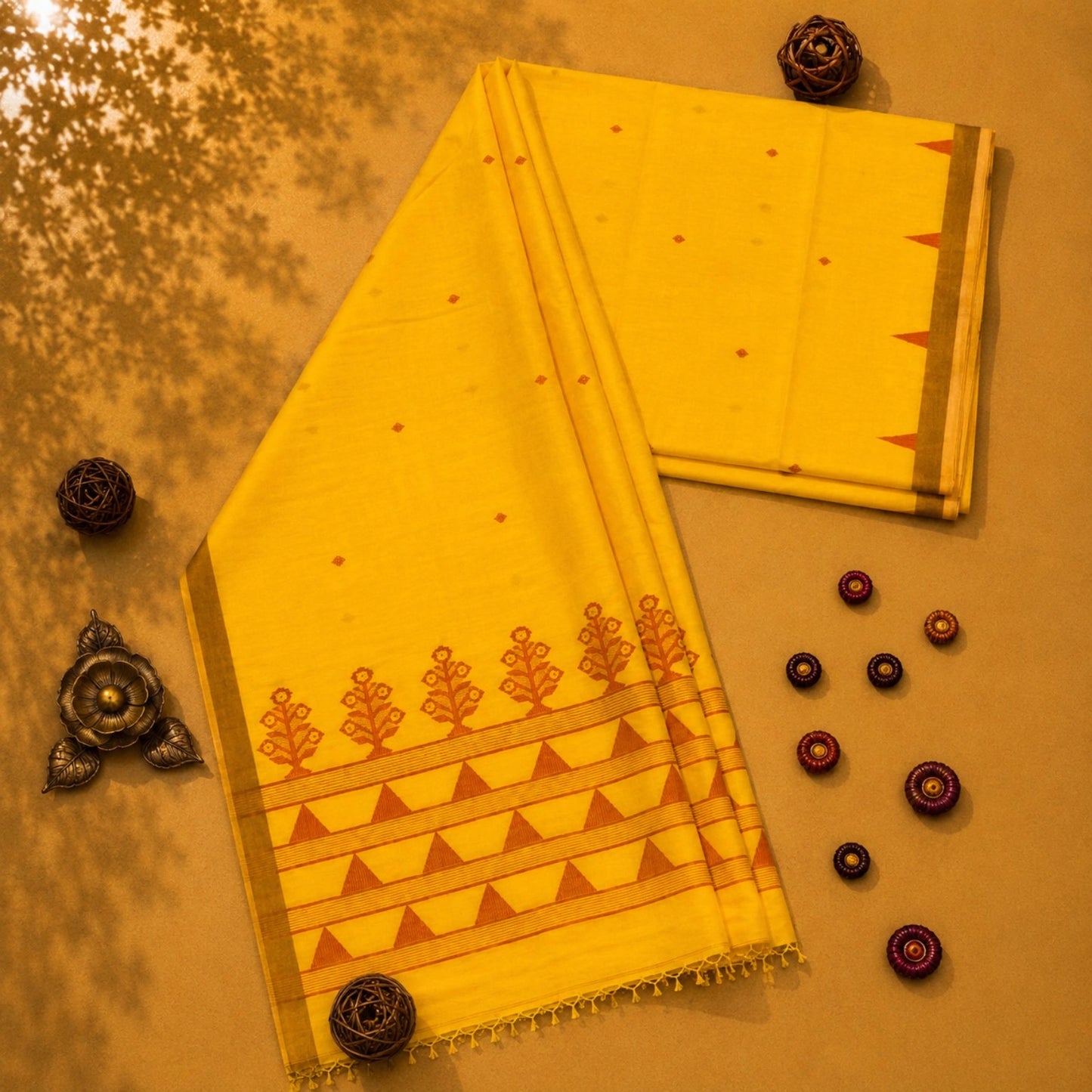 Mustard Yellow Cotton Tangail Handloom Saree with Rust Temple Border & Floral Woven Pallu