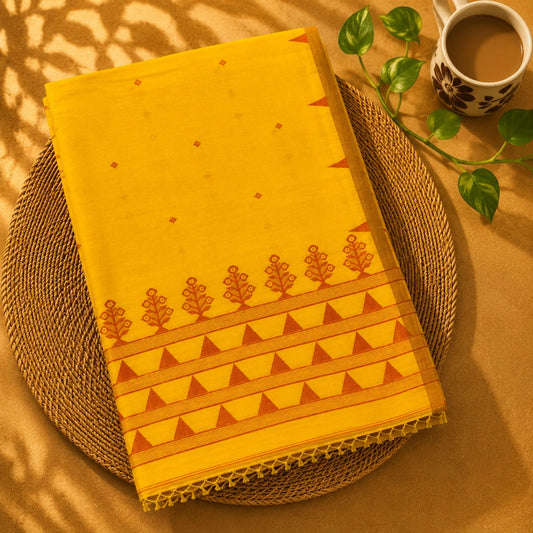 Mustard Yellow Cotton Tangail Handloom Saree with Rust Temple Border & Floral Woven Pallu