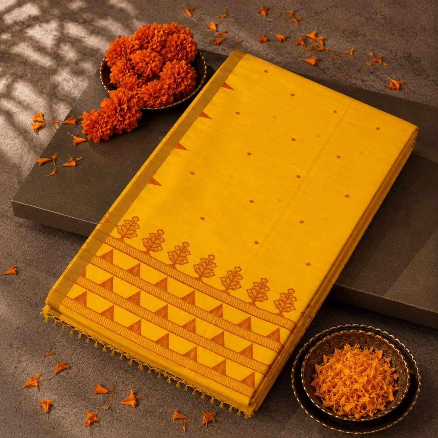 Mustard Yellow Cotton Tangail Handloom Saree with Rust Temple Border & Floral Woven Pallu