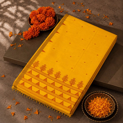 Mustard Yellow Cotton Tangail Handloom Saree with Rust Temple Border & Floral Woven Pallu