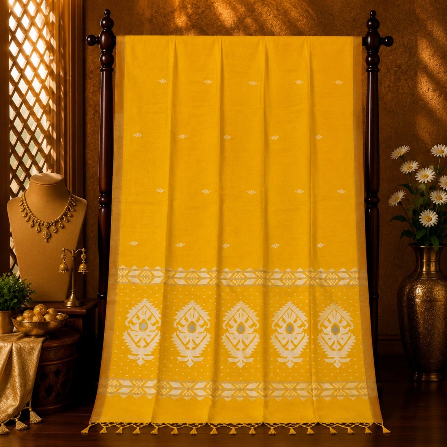 Yellow Pure Cotton Jamdani Weaving Saree with White Traditional Woven Pallu
