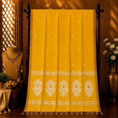 Yellow Pure Cotton Jamdani Weaving Saree with White Traditional Woven Pallu