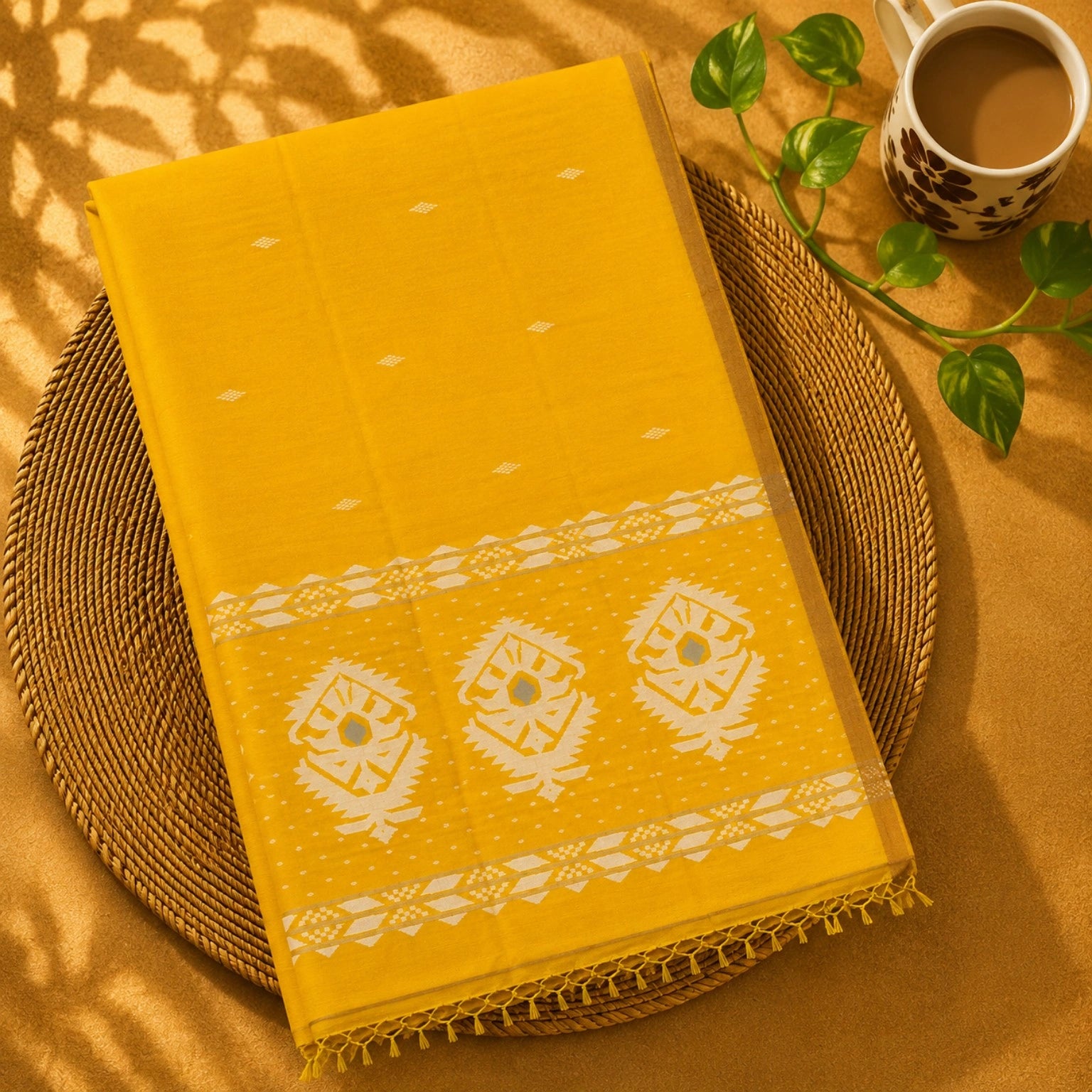 Yellow Pure Cotton Jamdani Weaving Saree with White Traditional Woven Pallu