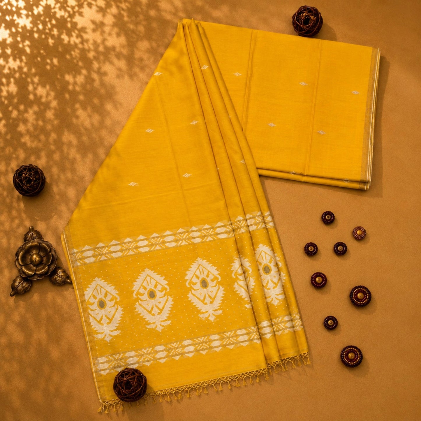 Yellow Pure Cotton Jamdani Weaving Saree with White Traditional Woven Pallu