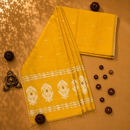 Yellow Pure Cotton Jamdani Weaving Saree with White Traditional Woven Pallu