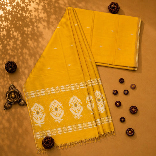Yellow Pure Cotton Jamdani Weaving Saree with White Traditional Woven Pallu