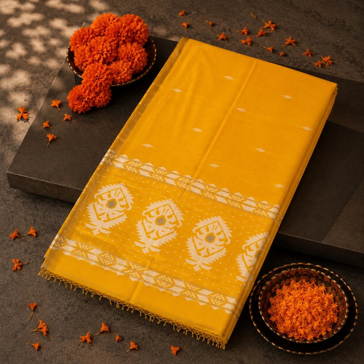 Yellow Pure Cotton Jamdani Weaving Saree with White Traditional Woven Pallu