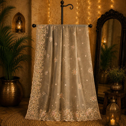 Taupe Beige Floral Embroidered Net Saree with Ornate Scalloped Border