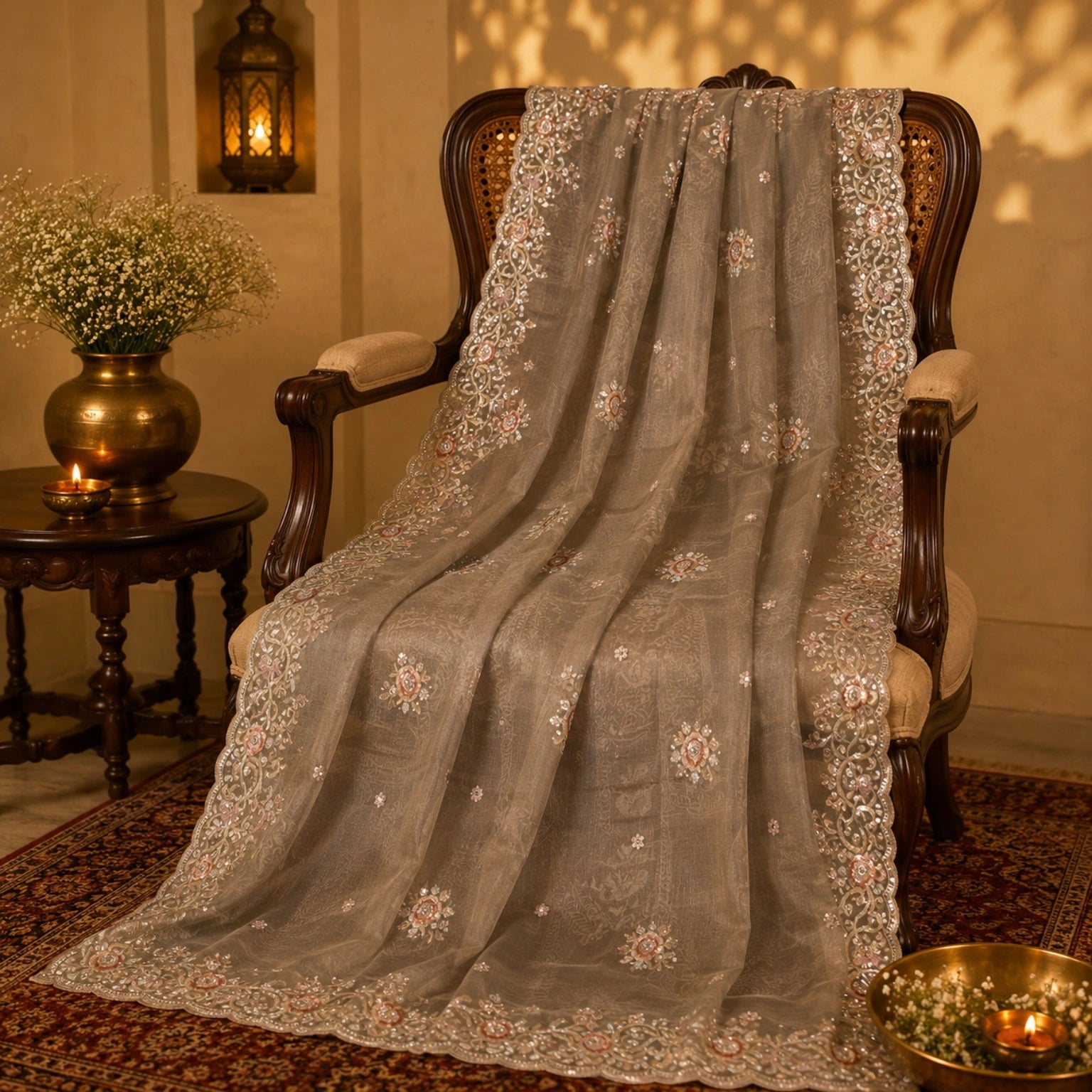 Taupe Beige Floral Embroidered Net Saree with Ornate Scalloped Border