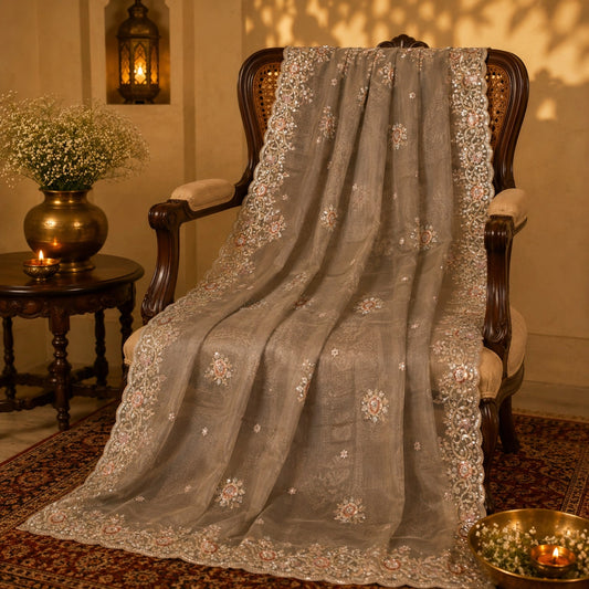 Taupe Beige Floral Embroidered Net Saree with Ornate Scalloped Border