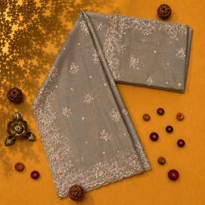 Taupe Beige Floral Embroidered Net Saree with Ornate Scalloped Border