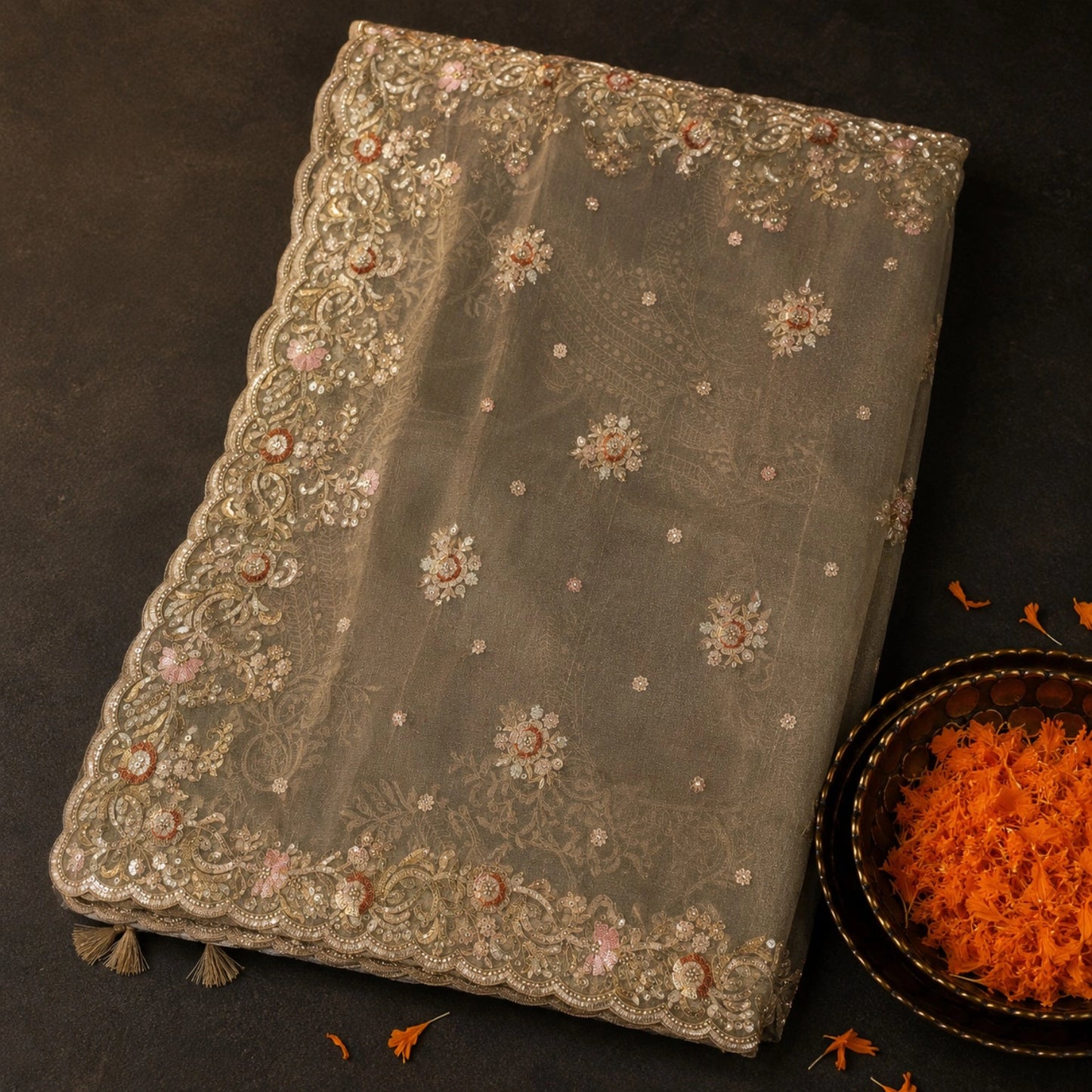 Taupe Beige Floral Embroidered Net Saree with Ornate Scalloped Border