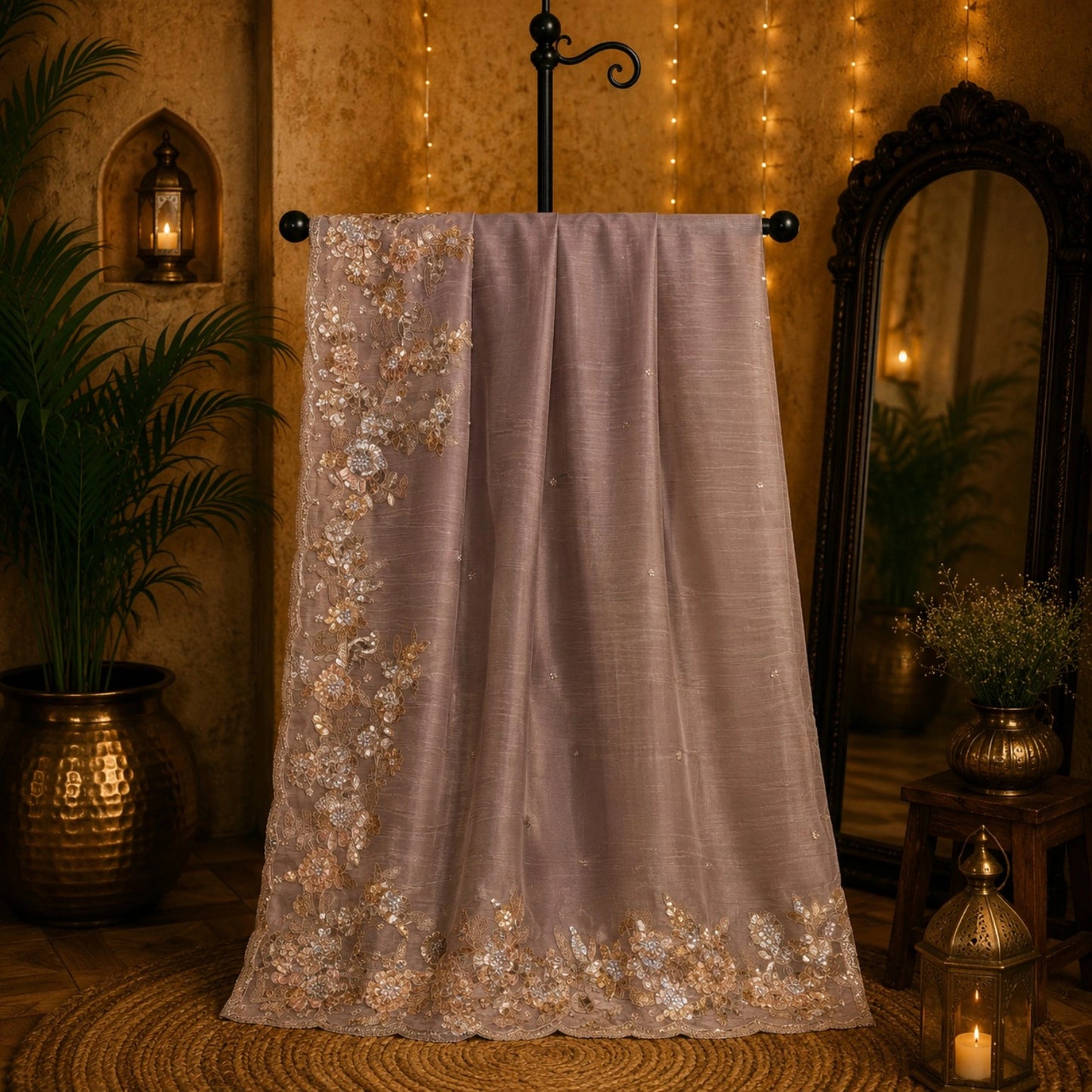 Dusty Mauve Pure Crush Tissue Saree with Gold Floral Sequin Embroidered Border