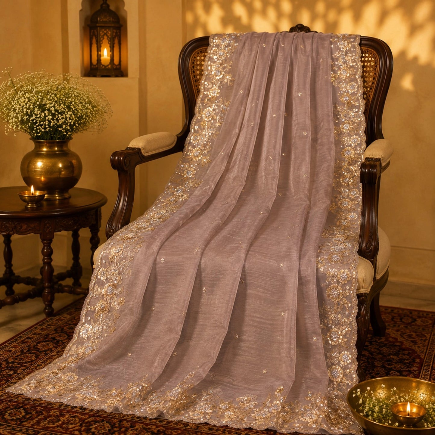Dusty Mauve Pure Crush Tissue Saree with Gold Floral Sequin Embroidered Border