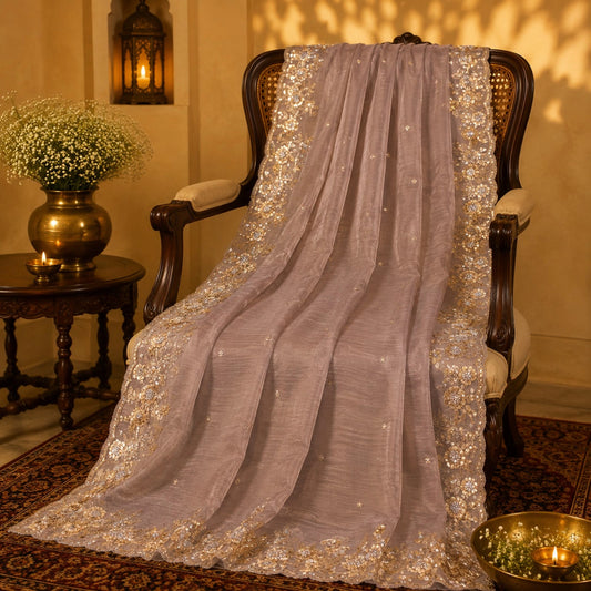 Dusty Mauve Pure Crush Tissue Saree with Gold Floral Sequin Embroidered Border