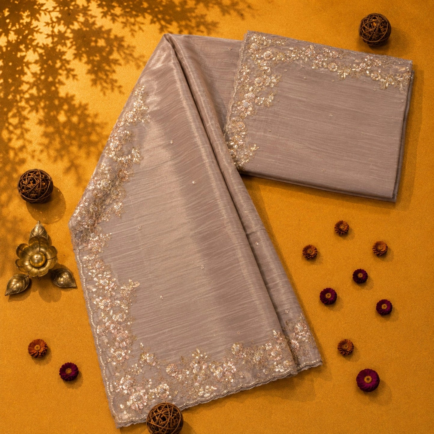 Dusty Mauve Pure Crush Tissue Saree with Gold Floral Sequin Embroidered Border