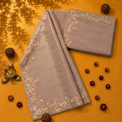 Dusty Mauve Pure Crush Tissue Saree with Gold Floral Sequin Embroidered Border
