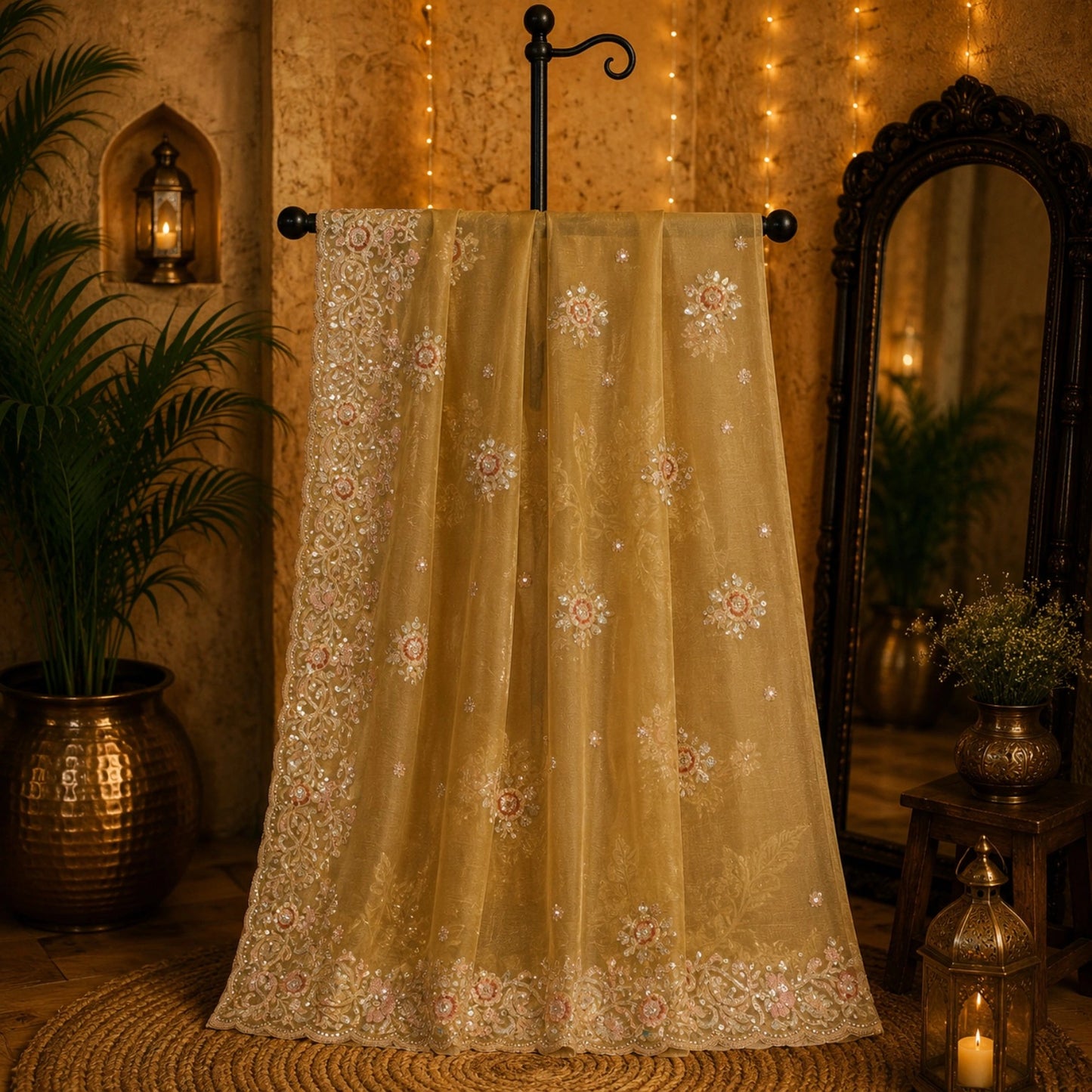 Champagne Beige Pure Crush Tissue Saree with Sequins Floral Embroidery and Heavy Scalloped Border
