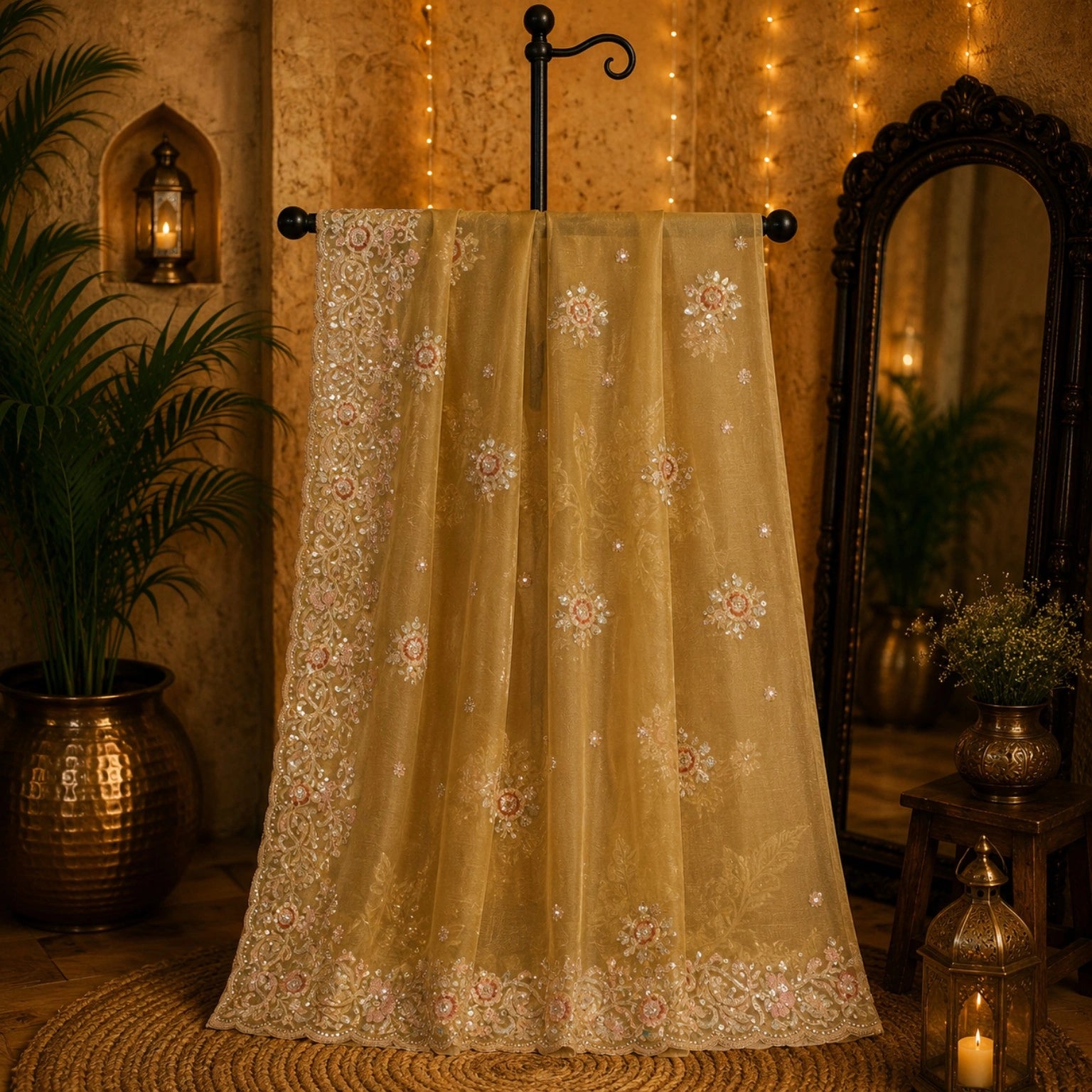 Champagne Beige Pure Crush Tissue Saree with Sequins Floral Embroidery and Heavy Scalloped Border