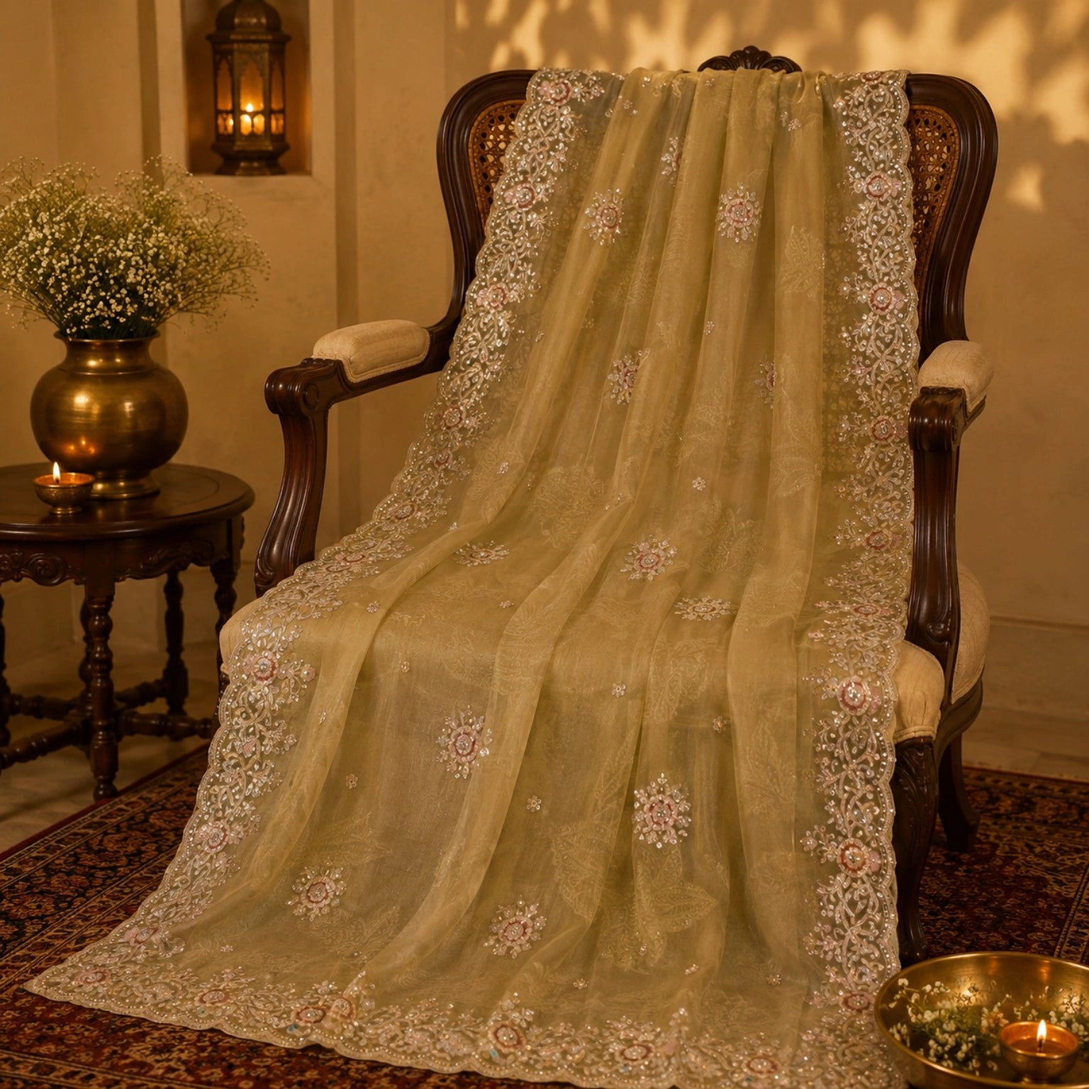Champagne Beige Pure Crush Tissue Saree with Sequins Floral Embroidery and Heavy Scalloped Border
