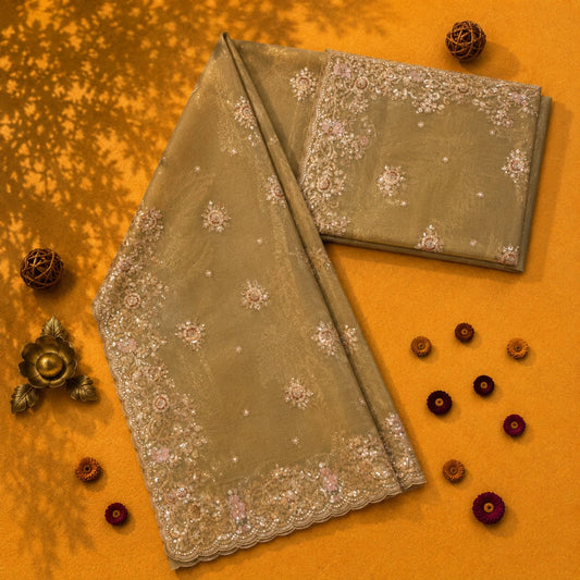 Champagne Beige Pure Crush Tissue Saree with Sequins Floral Embroidery and Heavy Scalloped Border