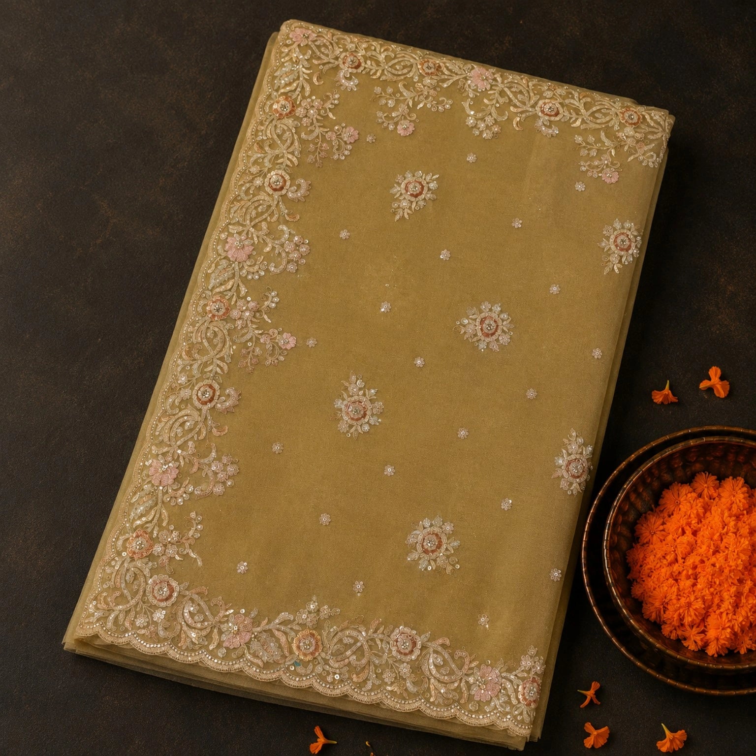 Champagne Beige Pure Crush Tissue Saree with Sequins Floral Embroidery and Heavy Scalloped Border