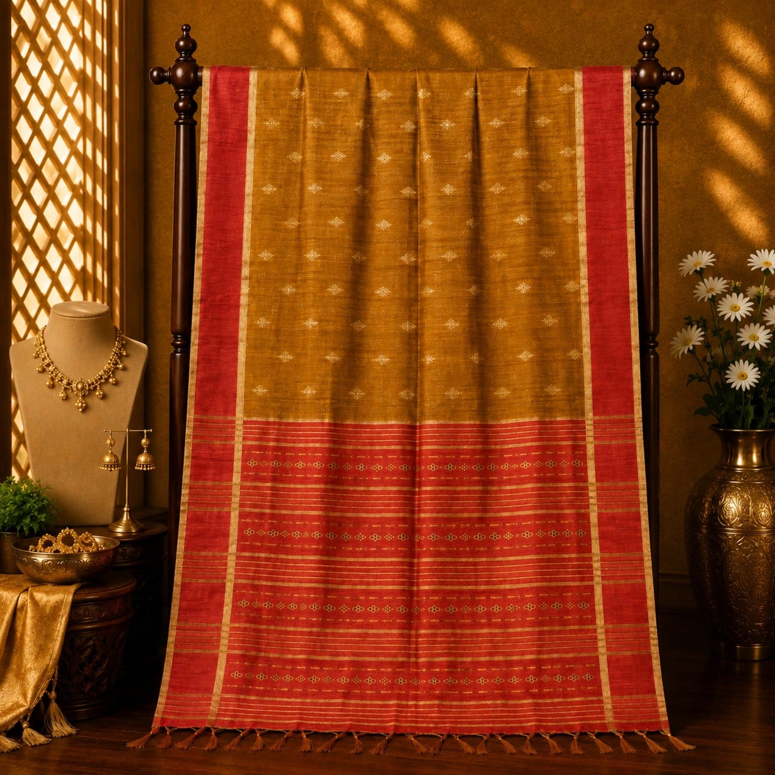 Mustard Tussar Silk Buta Work Saree with Red Striped Zari Border