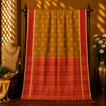 Mustard Tussar Silk Buta Work Saree with Red Striped Zari Border