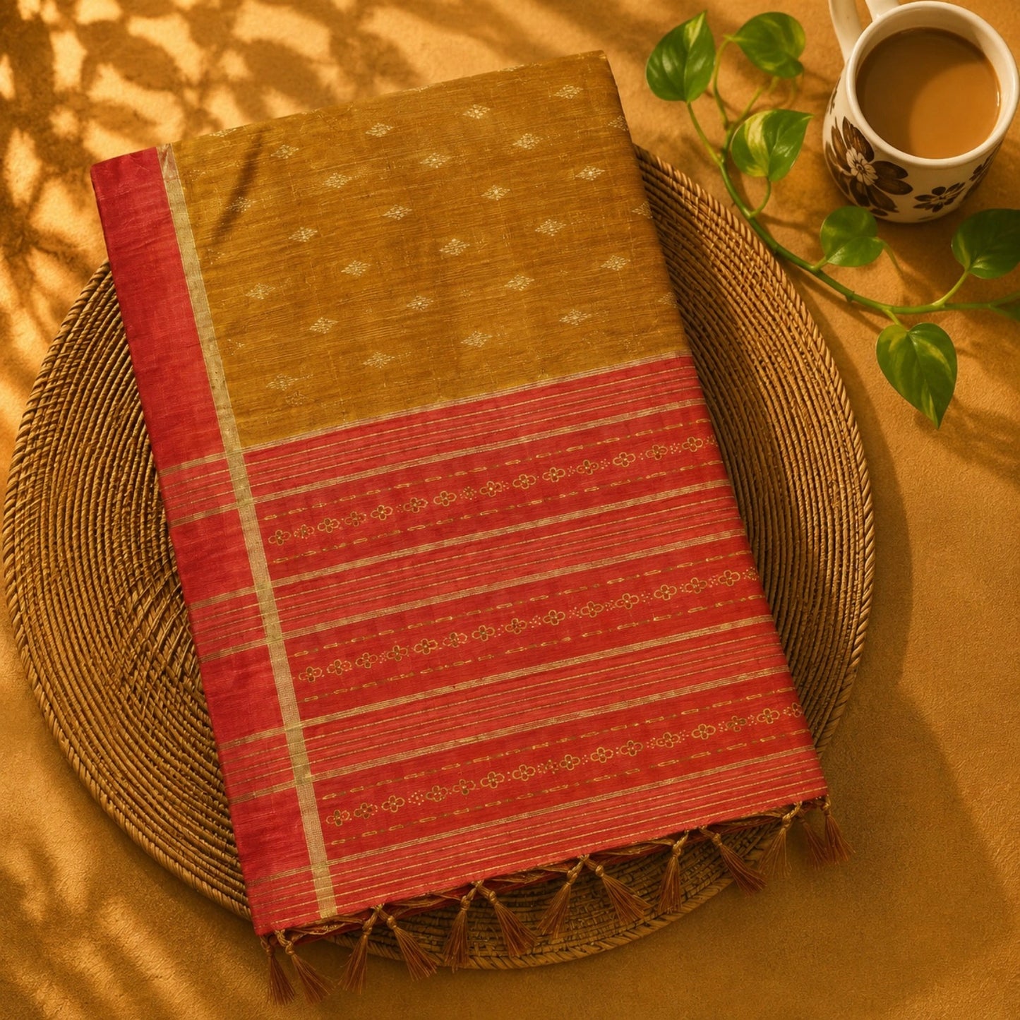 Mustard Tussar Silk Buta Work Saree with Red Striped Zari Border