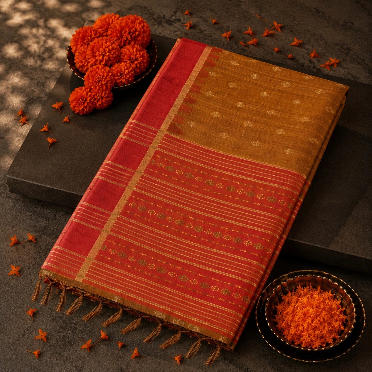 Mustard Tussar Silk Buta Work Saree with Red Striped Zari Border