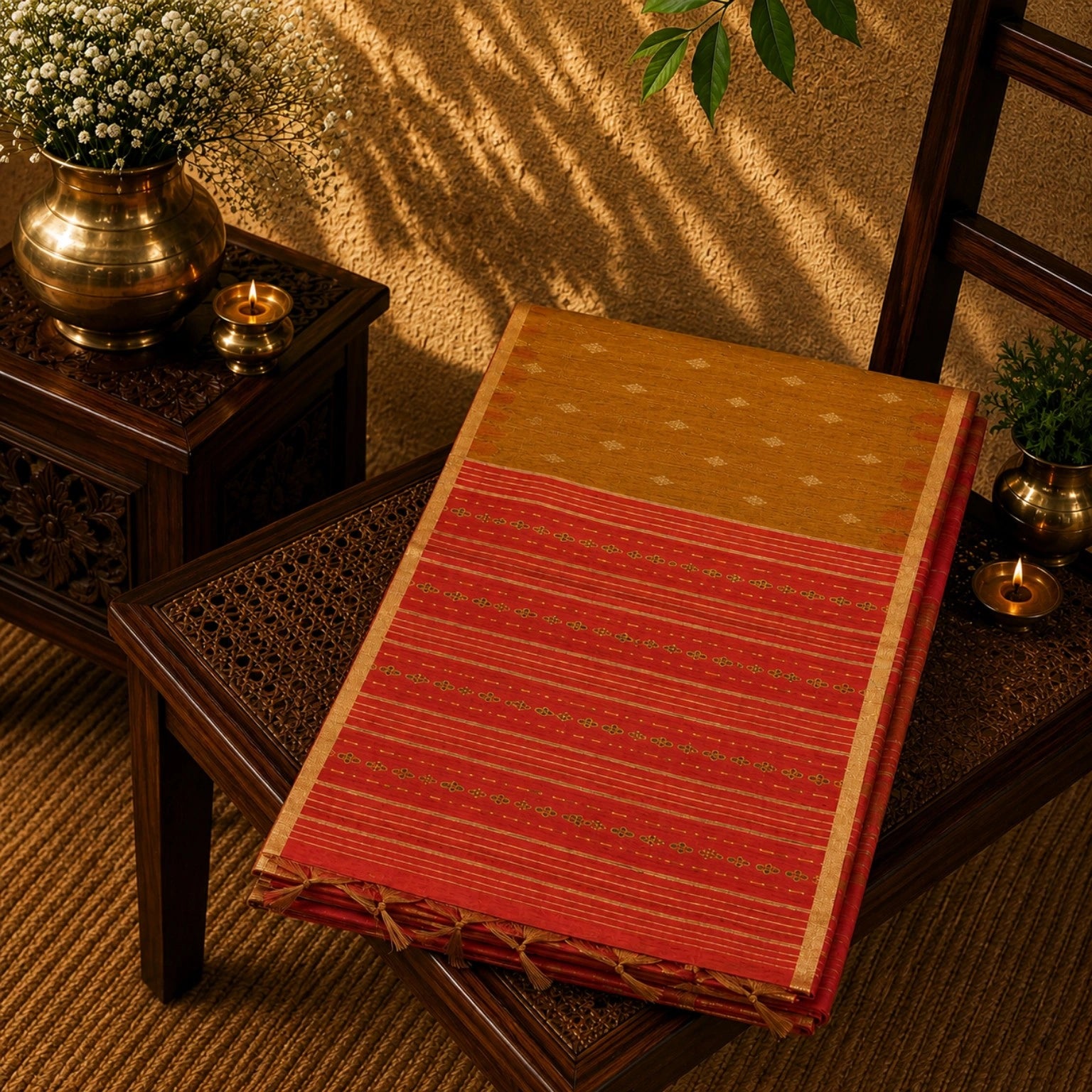 Mustard Tussar Silk Buta Work Saree with Red Striped Zari Border