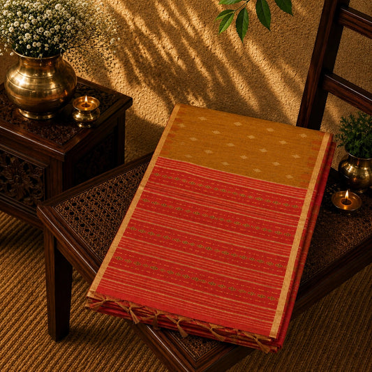 Mustard Tussar Silk Buta Work Saree with Red Striped Zari Border