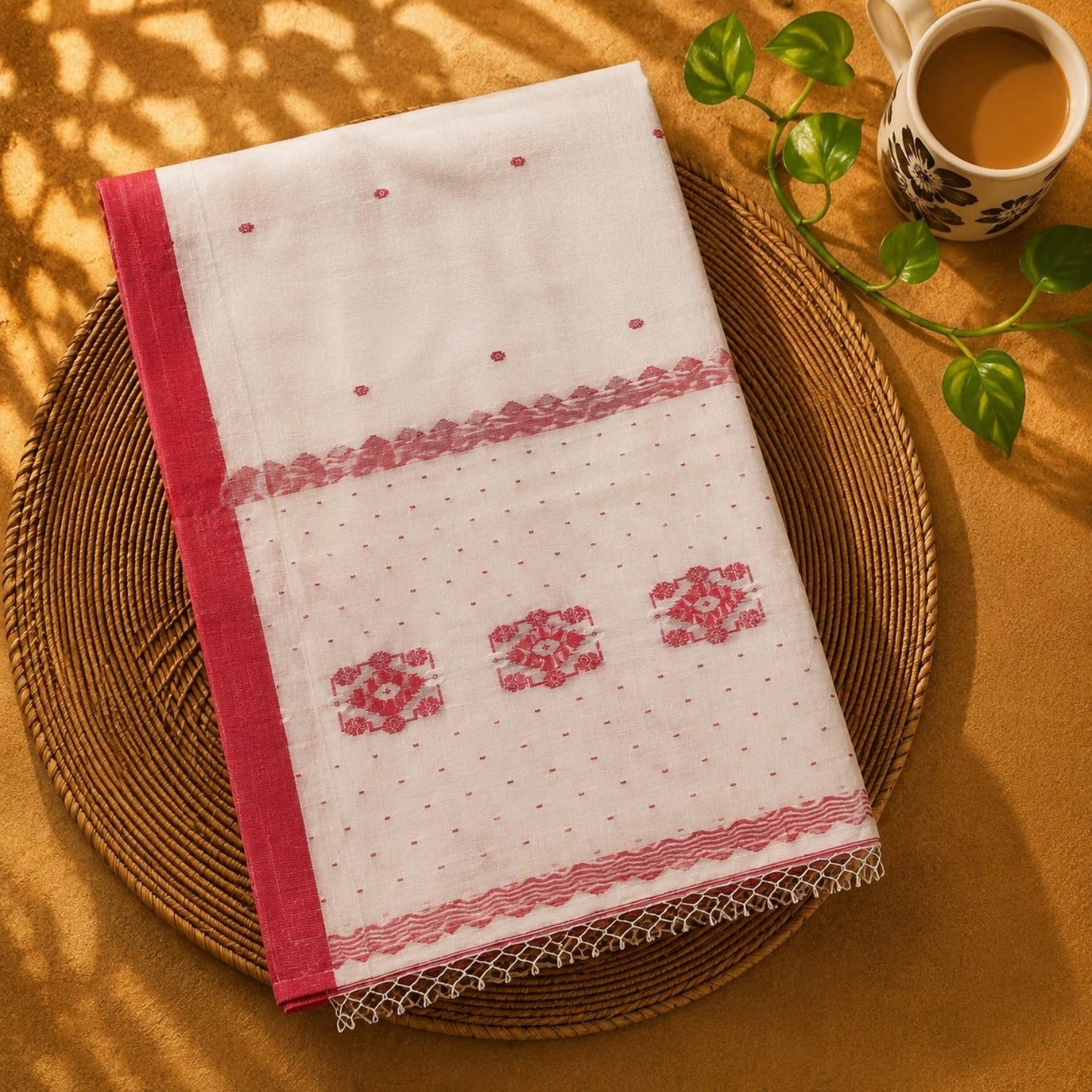 White Handloom Pure Cotton Saree with Red Woven Border and Traditional Motif Pallu